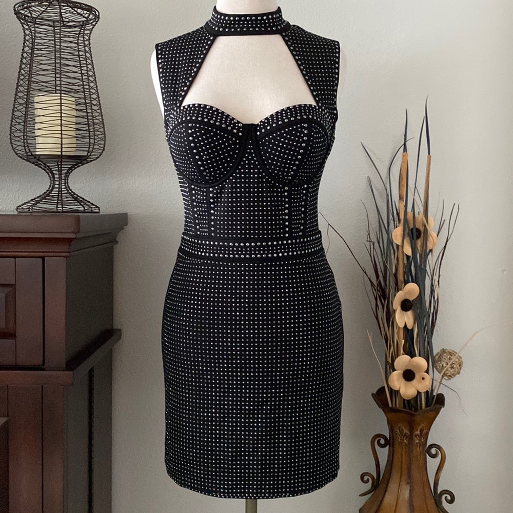 Bebe black studded bodycon stretch cocktail party dress size small